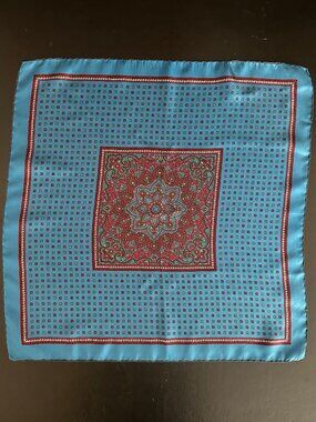 ✨💙 Vintage Silk Scarf Teal / Blue Red Paisley Hand Rolled Italy 19” Square 💙✨